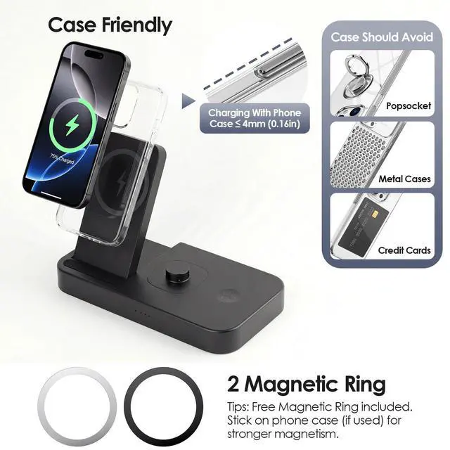 Alt view image 5 of 6 - 4 in 1 Charging Station for Oura Ring Gen 4 Charger, Fast Charger for iPhone17/16/15/14/13/12, Apple Watch, AirPods, Samsung Galaxy S25/S24/S23/S22/S21, Galaxy Watch Buds (Size 8)
