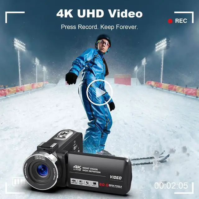 Alt view image 3 of 6 - 4K HD 80MP Camcorder Video Camera 18X Digital Zoom 3.0 IPS Screen Vlogging Camera for YouTube IR Night Vision Video Recorder with 32GB SD Card, 2 Batteries, Remote Control and Microphone