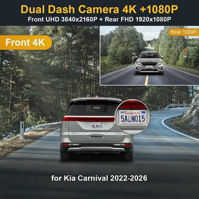 Alt view image 2 of 6 - Front 4K+Rear 1080P Dash Cam Adapts for Kia Carnival 2022-2026 (Part No#R0510) LX LXS EX SX Prestige, OEM Style, Dual HD Video, WiFi & APP, Loop Recording, G-Sensor, Easy to Set, 128GB Card