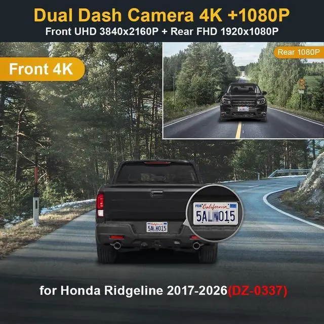 Alt view image 3 of 6 - Front 4K+Rear 1080P Dash Cam Adapts for Honda Ridgeline 2017-2026 (DZ-0337), Integrated OEM Look, 2 Way HD Video, Built-in WiFi & APP, Loop Recording, G-Sensor, Easy to Set, 128GB Card