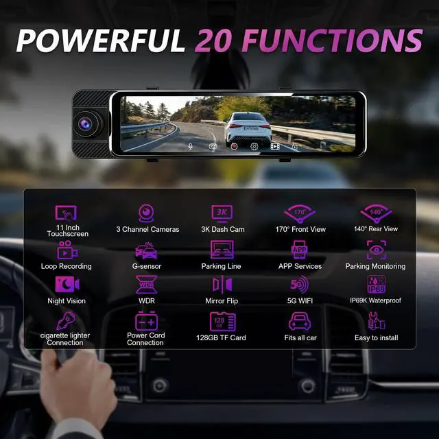 Alt view image 2 of 6 - 3 Channel Mirror Dash Cam with Front 3K, Cabin & Rear 1080P, 11" Rear View Mirror Camera with WiFi/Night Vision/G-Sensor/Parking Monitor/Reverse Assist /128GB, Backup Camera for Cars/Trucks