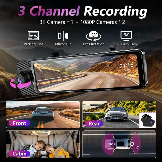 Alt view image 3 of 6 - 3 Channel Mirror Dash Cam with Front 3K, Cabin & Rear 1080P, 11" Rear View Mirror Camera with WiFi/Night Vision/G-Sensor/Parking Monitor/Reverse Assist /128GB, Backup Camera for Cars/Trucks