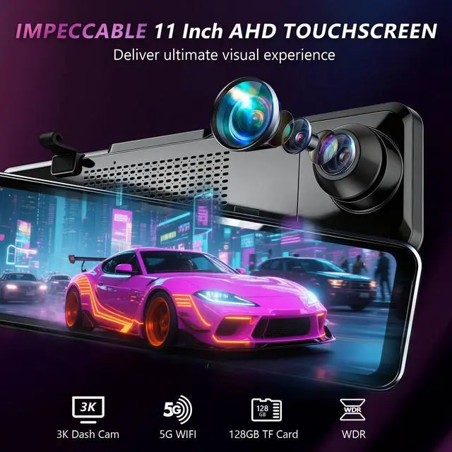 Alt view image 4 of 6 - 3 Channel Mirror Dash Cam with Front 3K, Cabin & Rear 1080P, 11" Rear View Mirror Camera with WiFi/Night Vision/G-Sensor/Parking Monitor/Reverse Assist /128GB, Backup Camera for Cars/Trucks