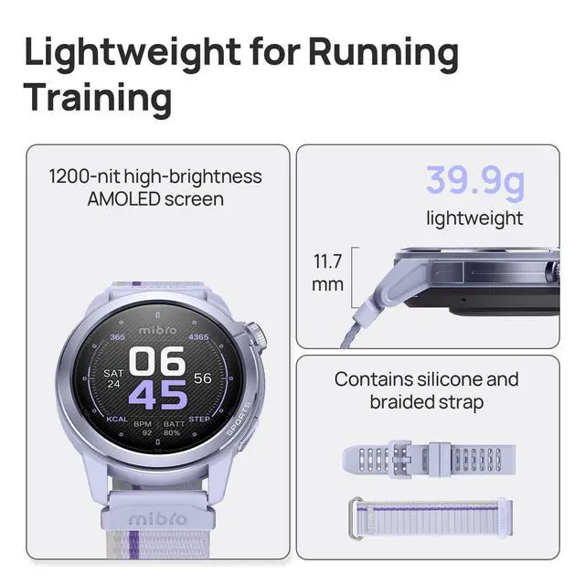 Alt view image 2 of 6 - GS Active2 Running GPS Smartwatch with 46mm AMOLED, Lightweight and 15-Day Battery, Supports Running Plans and Dual-Band GNSS, 150+ Sport Modes (Light Purple)