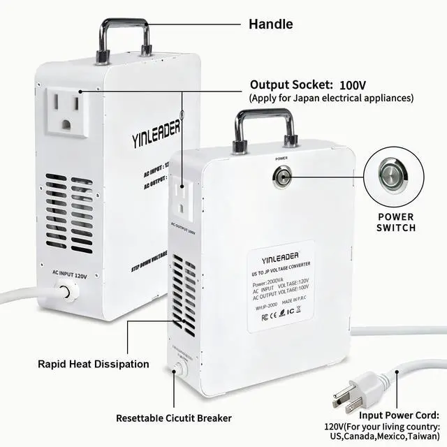 Alt view image 2 of 6 - 2000W Convert 120V to 100V Step Down Voltage Transformer Perfect for Japanese High-Power Devices in US(White)