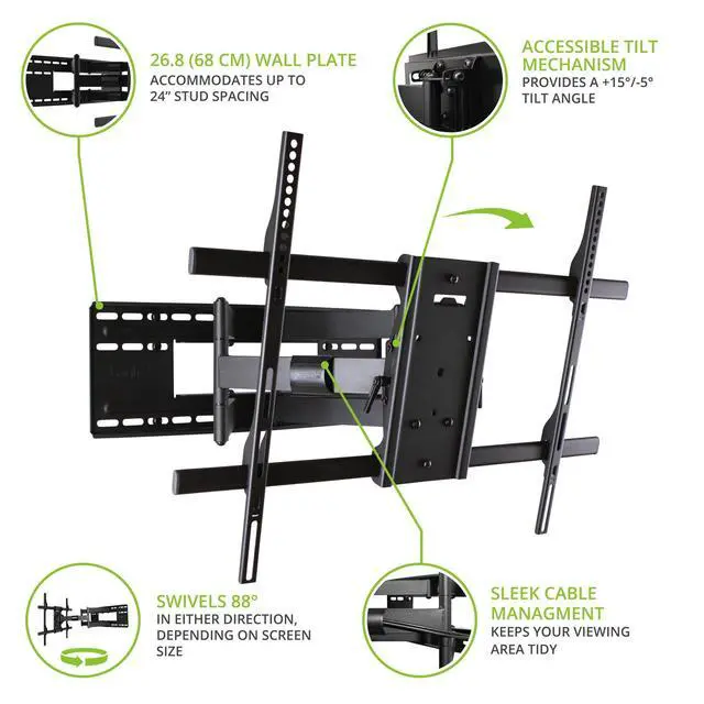 Alt view image 3 of 6 - FMX3C Full Motion Articulating TV Mount for 50 to 100 inch TVs | Supports up to 150 lb (68 kg) | Up to 28" Extension | +15° to -5° Tilt | 88° Swivel | Black