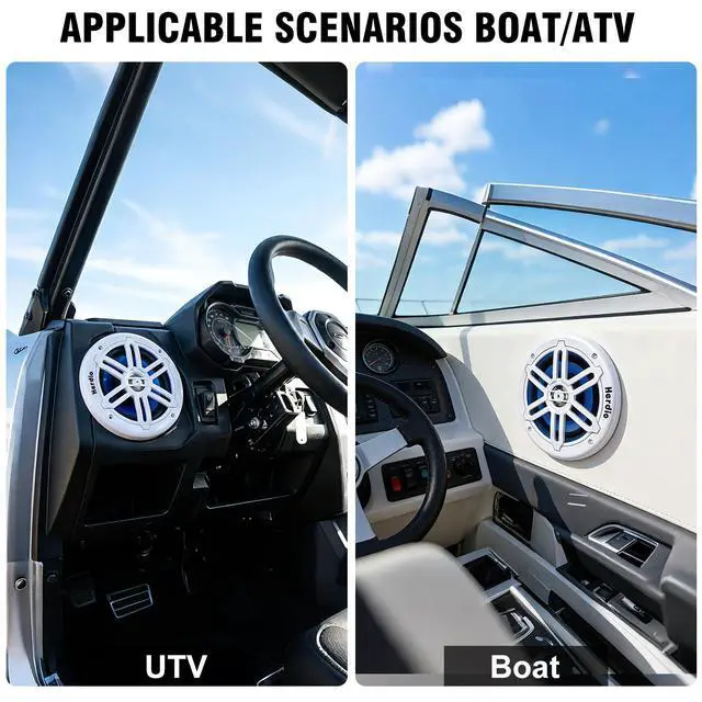 Alt view image 6 of 6 - 6.5" 350W Marine Speakers - IP66 Waterproof Coaxial Audio, with Blue LED Light for Boats, ATVs, UTVs with UV Resistant White Grille (A Pair)