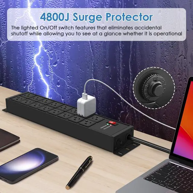 Alt view image 4 of 6 - Heavy Duty 20 Amp Power Strip 4800J, 16 Outlets 12 Gauge Garage Industrial Surge Protector, High Amp 5-15P Adapter Shop 6-20R T-Slot Metal Outlet, 10 FT Extension Cord Commercial for Appliance