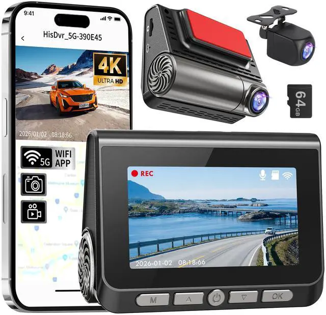 Main image of Dash Cam, 4K+2K Full HD Dash Cam Front and Rear, Dash Camera for Cars with Built-in 5GWiFi, 3.0 IPS Screen Dashcam, with 64GB Card, Night Vision, Loop Recording, G-Sensor, Parking Mode, Black