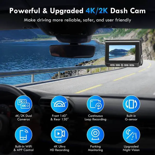 Alt view image 2 of 6 - Dash Cam, 4K+2K Full HD Dash Cam Front and Rear, Dash Camera for Cars with Built-in 5GWiFi, 3.0 IPS Screen Dashcam, with 64GB Card, Night Vision, Loop Recording, G-Sensor, Parking Mode, Black