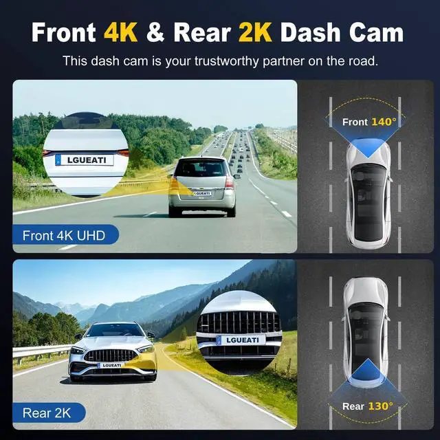 Alt view image 3 of 6 - Dash Cam, 4K+2K Full HD Dash Cam Front and Rear, Dash Camera for Cars with Built-in 5GWiFi, 3.0 IPS Screen Dashcam, with 64GB Card, Night Vision, Loop Recording, G-Sensor, Parking Mode, Black
