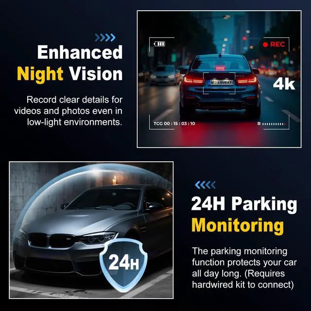 Alt view image 4 of 6 - Dash Cam, 4K+2K Full HD Dash Cam Front and Rear, Dash Camera for Cars with Built-in 5GWiFi, 3.0 IPS Screen Dashcam, with 64GB Card, Night Vision, Loop Recording, G-Sensor, Parking Mode, Black