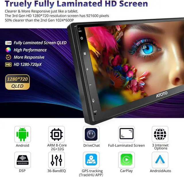 Alt view image 2 of 6 - A6PF 7'' QLED Double DIN Android Car Stereo, 8 Core Touchscreen Radio, Wireless CarPlay & Android Auto, USB Tethering, Dual BT, DSP, 36 Band EQ, GPS Tracker, AI DriveChat, Backup Cam, SCVC