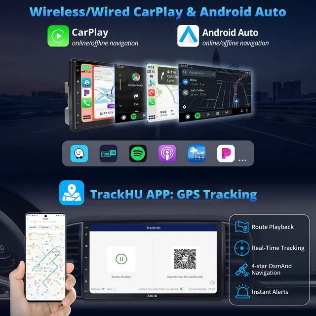 Alt view image 5 of 6 - A6PF 7'' QLED Double DIN Android Car Stereo, 8 Core Touchscreen Radio, Wireless CarPlay & Android Auto, USB Tethering, Dual BT, DSP, 36 Band EQ, GPS Tracker, AI DriveChat, Backup Cam, SCVC