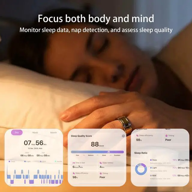 Alt view image 4 of 6 - Smart Ring 1.0 for Men/Women, No Subscription Fee, 7-8 Days Battery Life, HRV/Stress Monitoring/Sleep Track/Fitness for iOS and Android, Gloss Black & Silver, Size 12