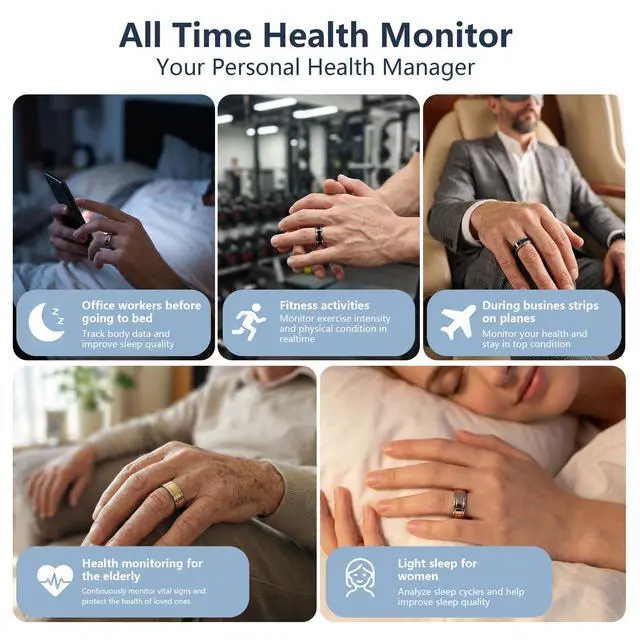 Alt view image 5 of 6 - Smart Ring 1.0 for Men/Women, No Subscription Fee, 7-8 Days Battery Life, HRV/Stress Monitoring/Sleep Track/Fitness for iOS and Android, Gloss Black & Silver, Size 12