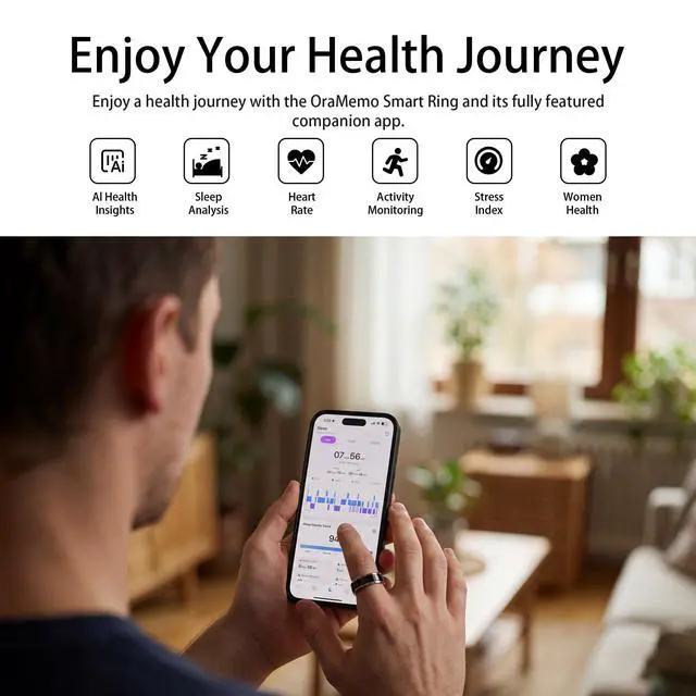Alt view image 3 of 6 - Smart Ring 1.0 for Men/Women, No Subscription Fee, 7-8 Days Battery Life, HRV/Stress Monitoring/Sleep Track/Fitness for iOS and Android, Matte Gold & Silver, Size 8