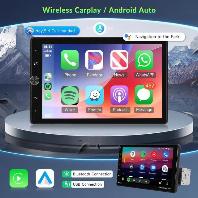 Alt view image 2 of 6 - 10.4" Single Din Touchscreen Car Stereo with Wireless Carplay& Android Auto, Adjustable Car Radio with Bluetooth, Mirror Link, FM Radio, Subwoofer, SWC, Backup Camera