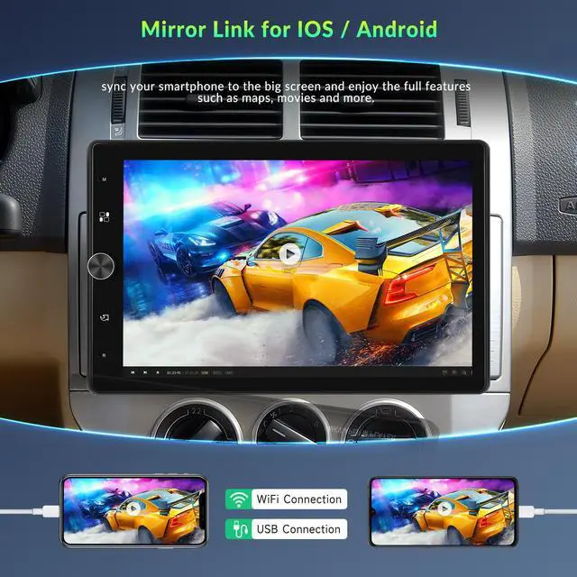Alt view image 6 of 6 - 10.4" Single Din Touchscreen Car Stereo with Wireless Carplay& Android Auto, Adjustable Car Radio with Bluetooth, Mirror Link, FM Radio, Subwoofer, SWC, Backup Camera