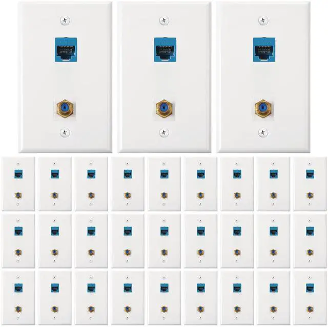 Main image of 30 Pieces Cat 6 Ethernet Wall Plates, Cat 6 Coax Wall Plate with Ethernet Port and Gold-plated TV Coax F-type Port (Blue)