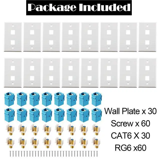 Alt view image 4 of 6 - 30 Pieces Cat 6 Ethernet Wall Plates, Cat 6 Coax Wall Plate with Ethernet Port and Gold-plated TV Coax F-type Port (Blue)