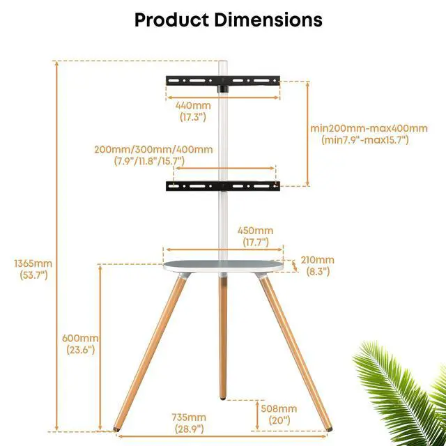 Alt view image 6 of 6 - Easel TV-Stand for 43-65-Inch Screens - Portable Swivel Tripod TV Stand with Wooden Tray, Height Adjustable TV Floor Stand, Max Load 77 lbs, Max VESA 400x400 mm, White