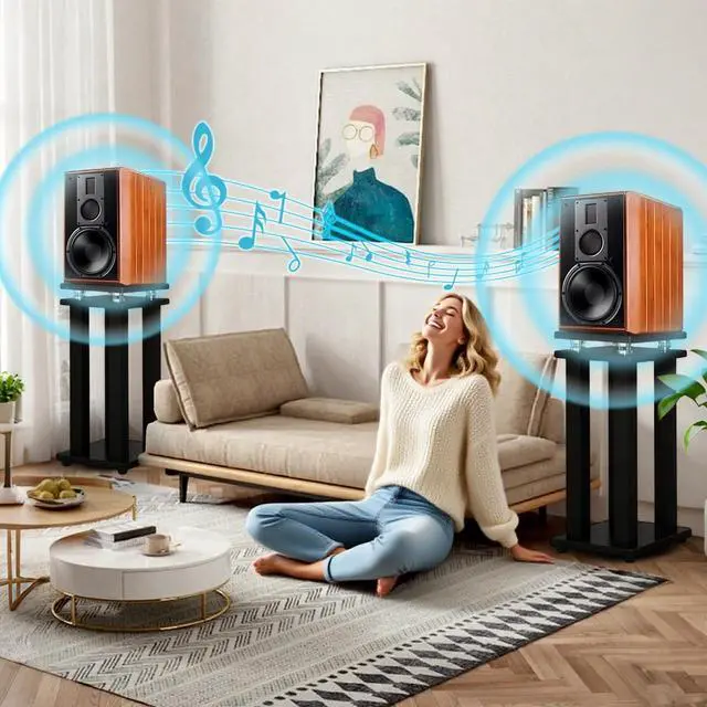 Alt view image 3 of 6 - 21in Pair of Heavy Duty Sound Stands,Universal Speaker Stands for Surround Sound,Vibration-Absorbing MDF Design Audio Stand for Home Theater Studio,Holds 110lbs Bookshelf/Speaker(Black, 21 inch)