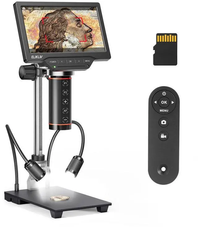 Main image of Autofocus Digital Coin Microscope: HDMI Soldering Microscope for Adults EM3K-AF, 3K Coin Magnifier for Full View, 7" IPS Microscope with Screen, HDMI/USB Output, 10" Stand, Dual Light, 16GB
