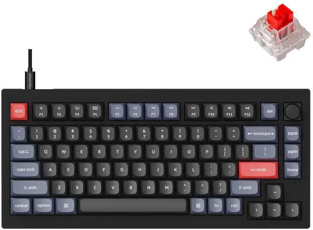 Main image of V1 75% Wired Mechanical Keyboard, QMK/VIA Programmable, Hot-swappable Red Switches, Compatible with Mac Windows Linux - Carbon Black