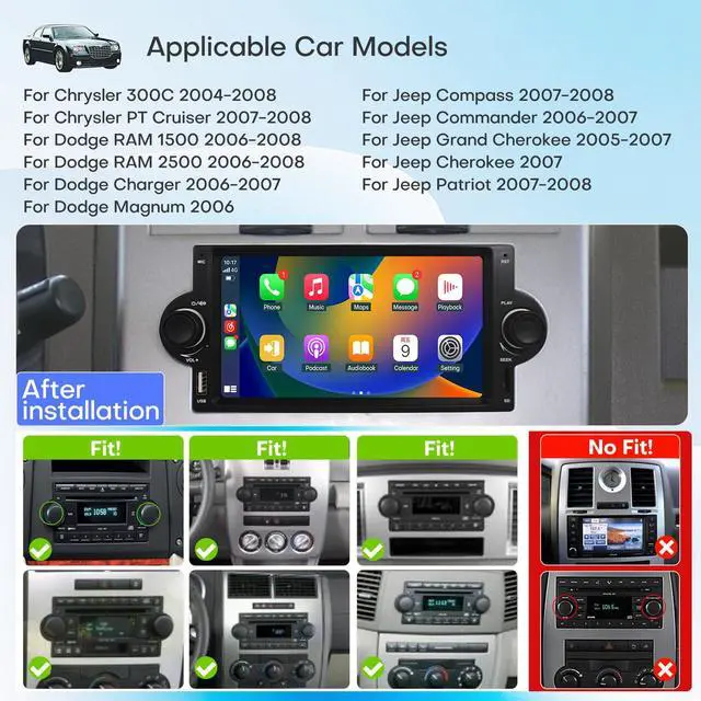 Alt view image 2 of 6 - Car Radio for Dodge Ram 1500/2500 2006-2008 Chrysler 300C 2004-2008 Jeep Grand Cherokee 2005-2007 Upgrade Stereo with CarPlay Touch Screen Fast Charge Android Auto Bluetooth Backup Camera 64G