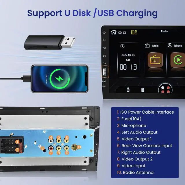 Alt view image 3 of 6 - Single Din CarPlay & Android Auto Car Radio, 9-Inch Touch Screen Car Stereo with Bluetooth, Mirror Link, FM/AM Audio, GPS, USB,EQ,Backup Camera Input & SWC+MIC, Car Multimedia Player