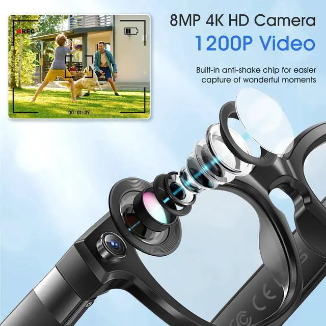 Alt view image 2 of 6 - 8MP Camera Glasses, AI Smart Glasses with Real-Time Translation & Object Analysis | HD 1200P 4K Video Recording Sunglasses (Color-Change Lense)