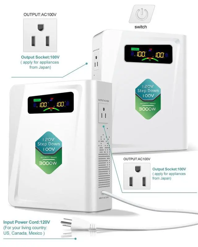 Alt view image 2 of 6 - Step Down Transformer 120v to 100v Voltage Converter 3000W, No Noise, Ten Protection Functions, Using Japan Appliances in US
