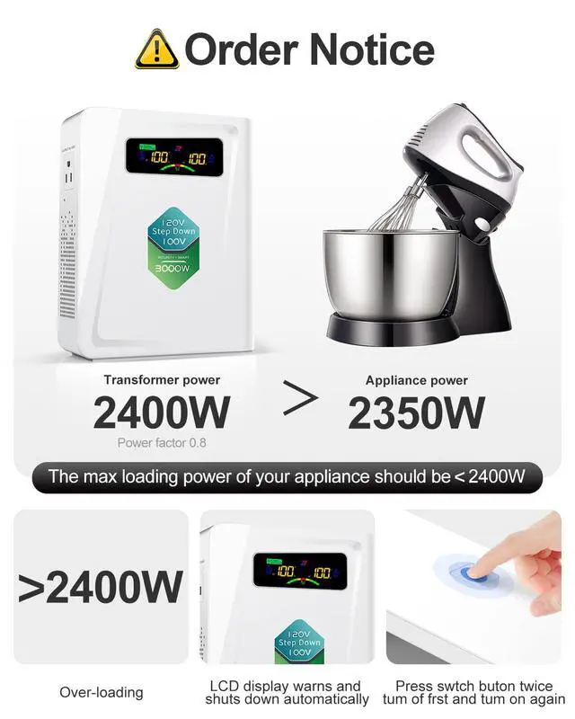 Alt view image 5 of 6 - Step Down Transformer 120v to 100v Voltage Converter 3000W, No Noise, Ten Protection Functions, Using Japan Appliances in US