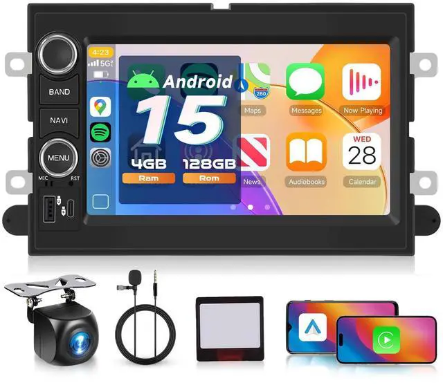 Main image of 4G+128G for Ford F150/F250/F350 2004-2014 Car Radio with Wireless Carplay/Android Auto, 7 Inch Android 15 Touch Screen Car Stereo, GPS, WiFi, Bluetooth, FM, 32 EQ, SWC, Backup Camera, USB, Type-C Port