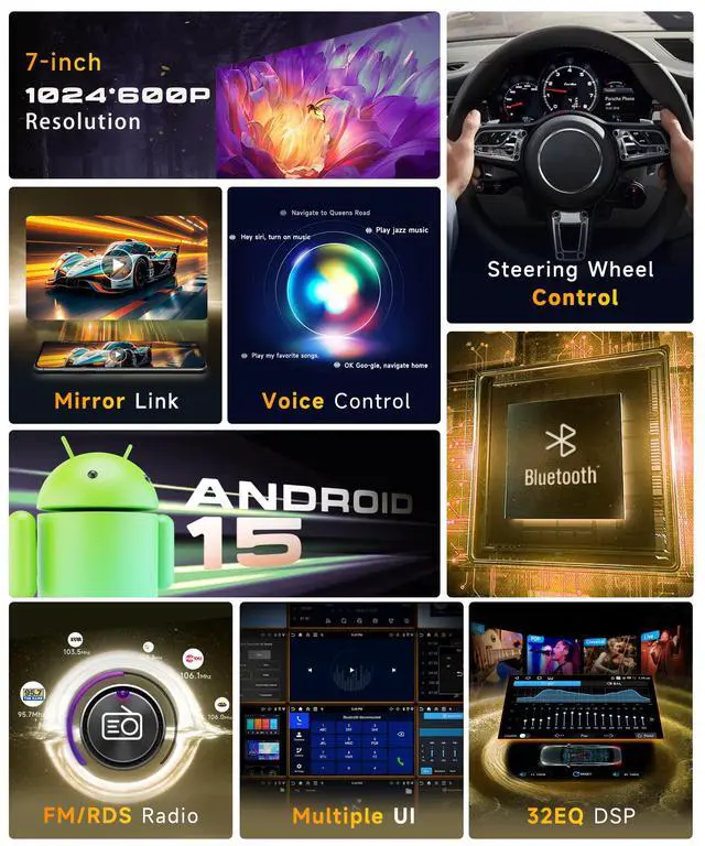 Alt view image 4 of 6 - 4G+128G for Ford F150/F250/F350 2004-2014 Car Radio with Wireless Carplay/Android Auto, 7 Inch Android 15 Touch Screen Car Stereo, GPS, WiFi, Bluetooth, FM, 32 EQ, SWC, Backup Camera, USB, Type-C Port