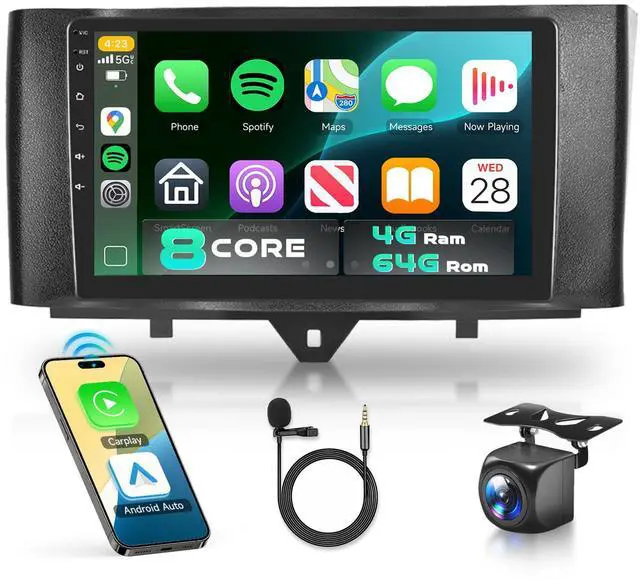 Main image of 5/6GhzWiFi 8 Core 4GB+64GB for Mercedes Benz Smart Fortwo 2011-2015 Car Stereo Radio with 9 Inch IPS Touchscreen Carplay/Android Auto DSP Hi-Res GPS Android 15 FM/RDS SWC Camera