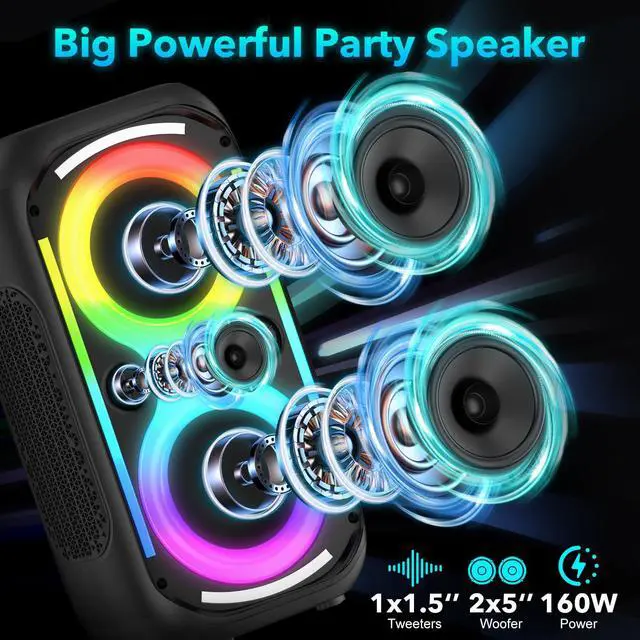 Alt view image 3 of 6 - Bluetooth Speaker 160W Loud Wireless Outdoor Portable Big Powerful Deep Bass Sound TWS Large Home Party Speakers with Subwoofer LED Lights(Black)