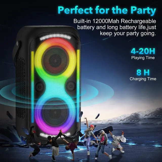 Alt view image 4 of 6 - Bluetooth Speaker 160W Loud Wireless Outdoor Portable Big Powerful Deep Bass Sound TWS Large Home Party Speakers with Subwoofer LED Lights(Black)