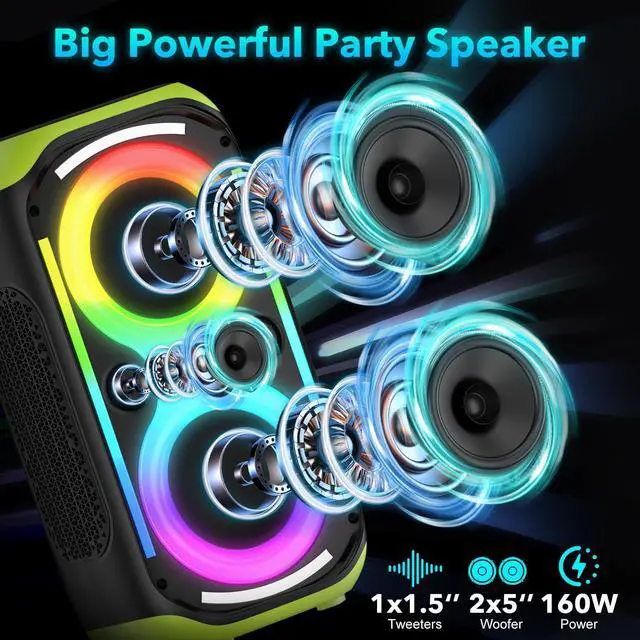 Alt view image 3 of 6 - Bluetooth Speaker 160W Loud Wireless Outdoor Portable Big Powerful Deep Bass Sound TWS Large Home Party Speakers with Subwoofer LED Lights