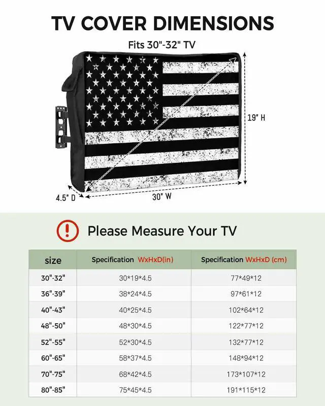 Alt view image 2 of 6 - Black Vintage American Flag Outdoor TV Cover 70 to 75 Inches Weatherproof & Waterproof, USA Flag Outdoor TV Enclosure with Remote Control Pocket, Retro TV Screen Protectors for Outside TV
