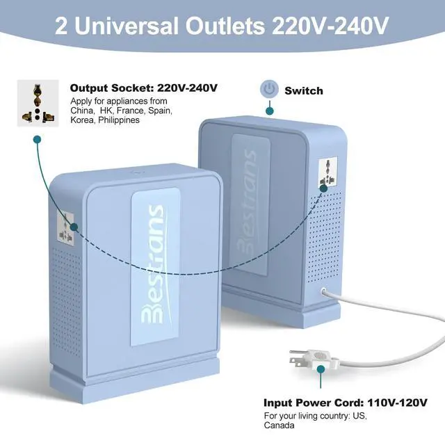 Alt view image 3 of 6 - 1000W Step Up Transformer 110v to 220v Converter, Heavy Duty Voltage Converter 110v-120v to 220v-240v with Dual Outlets, Overload Protection & Ultra-Quiet for Home Appliances, Light Blue