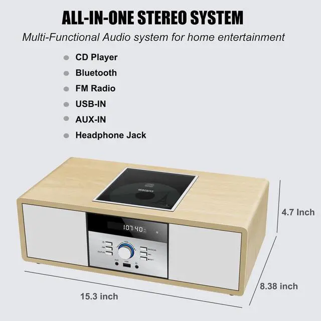 Alt view image 2 of 6 - Bluetooth Stereo System for Home with CD Player, Vintage Wooden Hi-Fi Music System with Bluetooth, FM Radio, AUX & USB Input, Remote Control, Compact Radio & Stereo