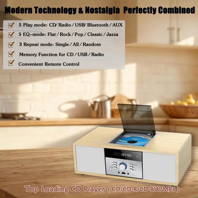 Alt view image 3 of 6 - Bluetooth Stereo System for Home with CD Player, Vintage Wooden Hi-Fi Music System with Bluetooth, FM Radio, AUX & USB Input, Remote Control, Compact Radio & Stereo