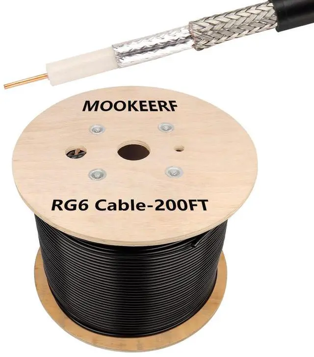 Main image of MOOOKEERF RG6 Coaxial Cable 200FT, 18 AWG 75 Ohm RG6 Dual Shield Cable with Pure Copper Conductor for Broadcast, Satellite, and Cellular Applications,Black