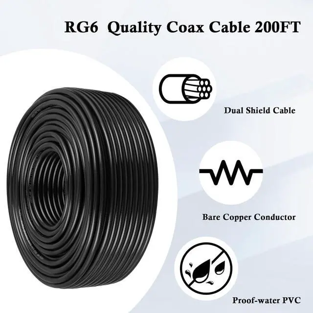 Alt view image 4 of 6 - MOOOKEERF RG6 Coaxial Cable 200FT, 18 AWG 75 Ohm RG6 Dual Shield Cable with Pure Copper Conductor for Broadcast, Satellite, and Cellular Applications,Black