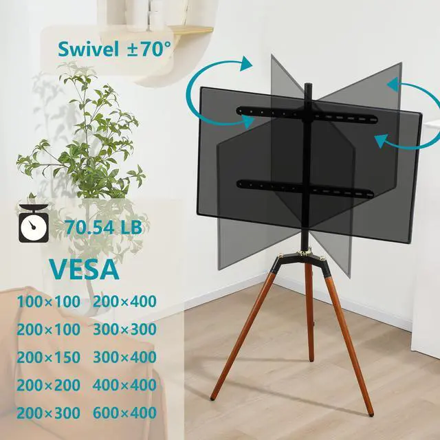 Alt view image 2 of 6 - Universal Tripod Easel TV Stand for 32-65 inch LED LCD Screen Flat Curved Screen, Height Adjustable Studio TV Display Stand with 140° Swivel for Bedroom, Living Room, Corner TV Stand