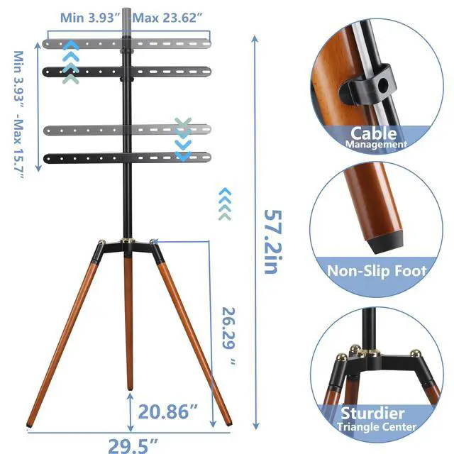 Alt view image 5 of 6 - Universal Tripod Easel TV Stand for 32-65 inch LED LCD Screen Flat Curved Screen, Height Adjustable Studio TV Display Stand with 140° Swivel for Bedroom, Living Room, Corner TV Stand