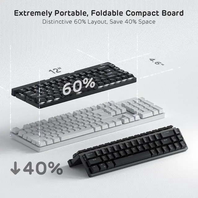 Alt view image 5 of 6 - F68 60% Foldable Low Profile Mechanical Keyboard, Wireless Mechanical Keyboard with Aluminum Body, Built-in Stand Holder, White Backlit, 68 Keys, Quiet Red Switch