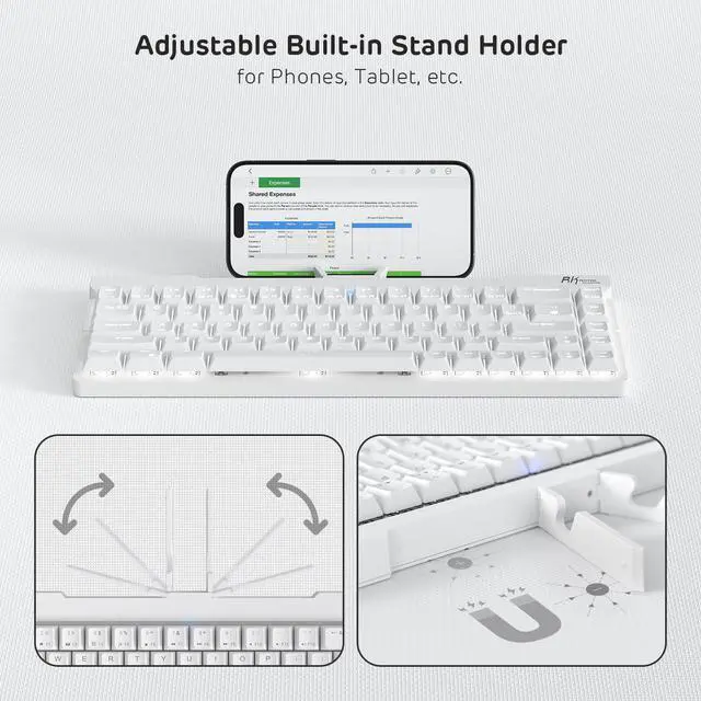 Alt view image 6 of 6 - F68 60% Foldable Low Profile Mechanical Keyboard, Wireless Mechanical Keyboard with Aluminum Body, Built-in Stand Holder, White Backlit, 68 Keys, Quiet Red Switch